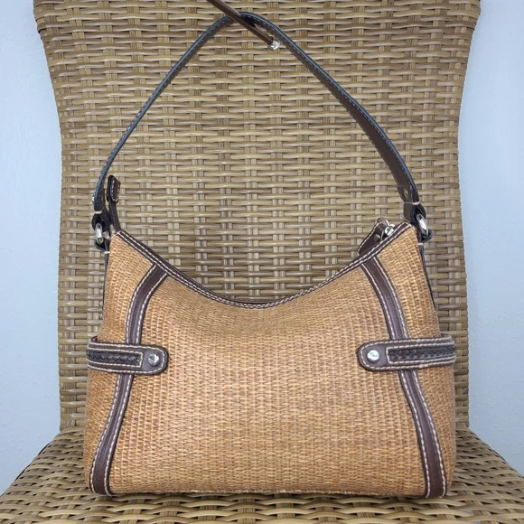 Fossil Bag Satchel Tan Straw Material Brown Leather Shoulder Strap Key Charm - Picture 3 of 16